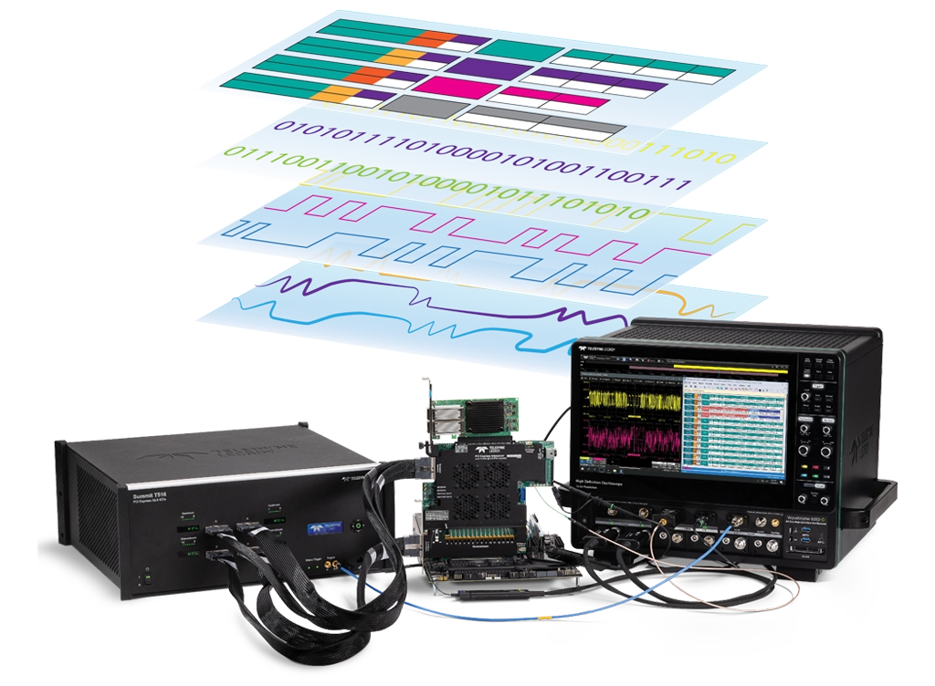 Cross-layer analysis of protocol and electrical layers of a high-speed serial data signal using a protocol analyzer, oscilloscope and specialized equipment