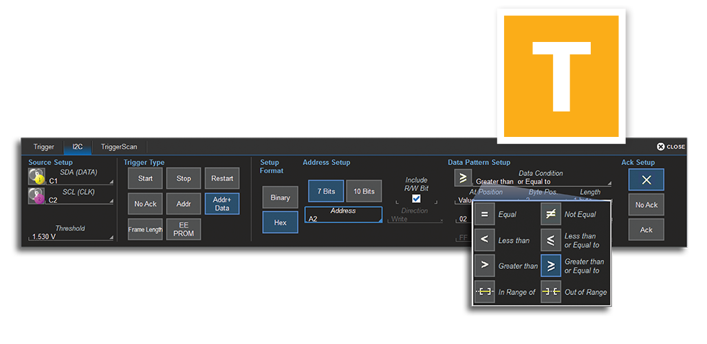 Oscilloscope serial trigger setup for a Teledyne LeCroy oscilloscope equipped for serial data triggering. 