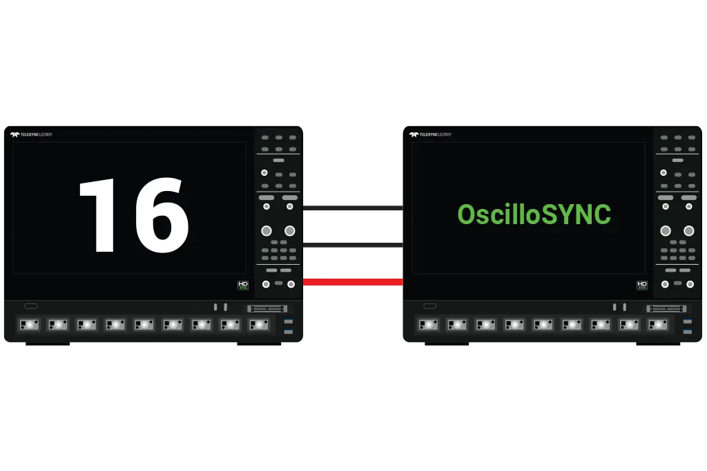 8 ch oscilloscope connected to another 8 ch oscilloscope to create a 16 channel oscilloscope