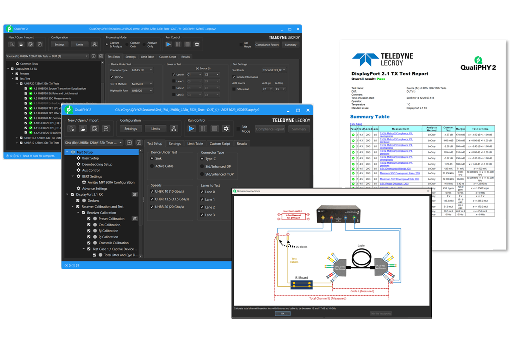 DisplayPort PHY compliance test software and VESA compliance test report using Teledyne LeCroy QualiPHY 2 automated compliance test framework.