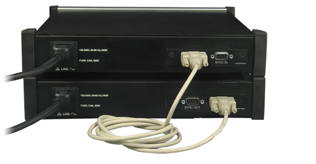 LeCroy analyzers (shown with optional Sync cards installed) will automatically synchronize time stamps across multiple systems when connected with DB9 cable